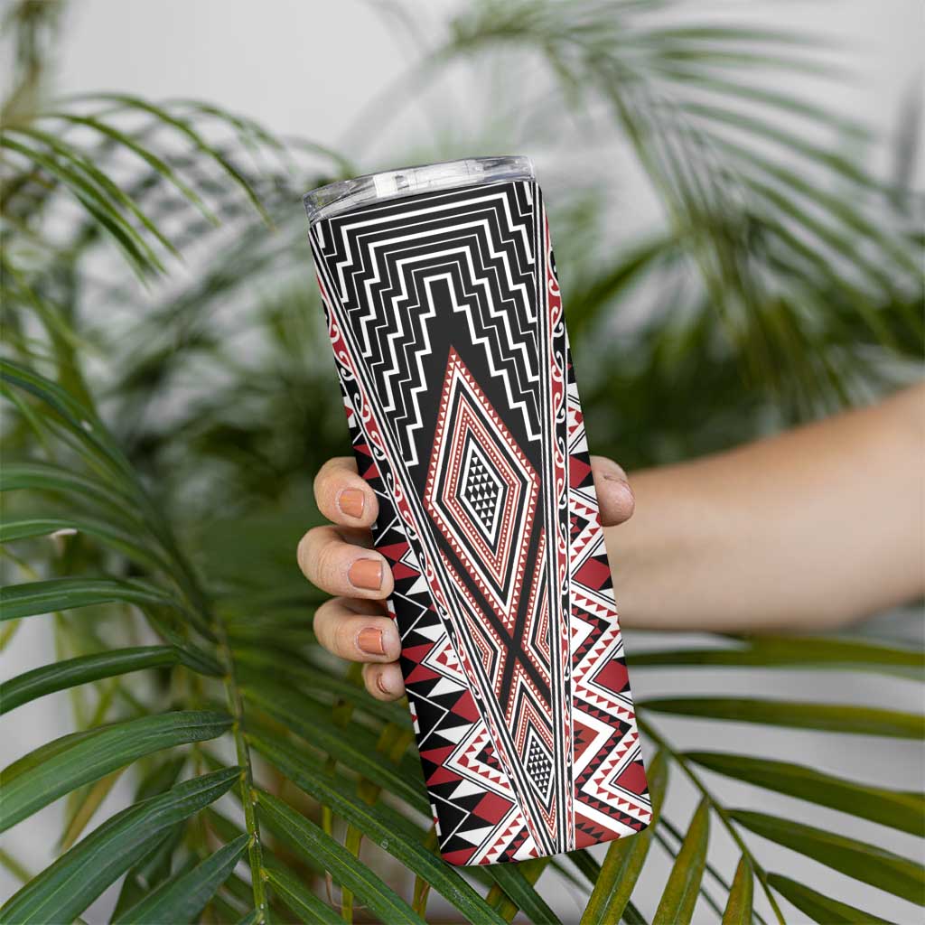 Red Aotearoa Tukutuku and Poutama Motif Skinny Tumbler LT03 - Polynesian Pride