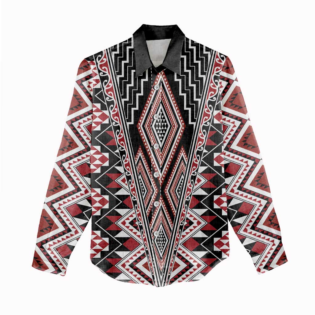 Red Aotearoa Tukutuku and Poutama Motif Women Casual Shirt LT03 - Polynesian Pride