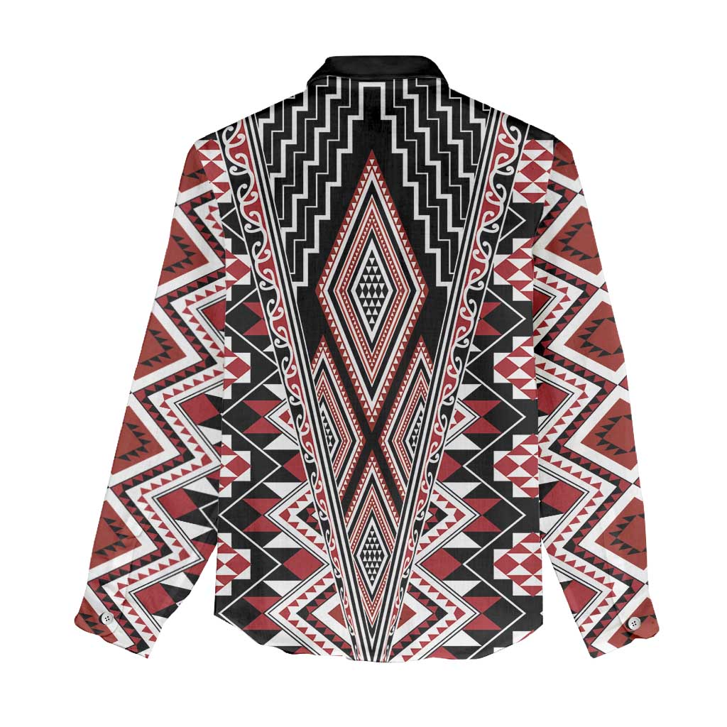 Red Aotearoa Tukutuku and Poutama Motif Women Casual Shirt LT03 - Polynesian Pride