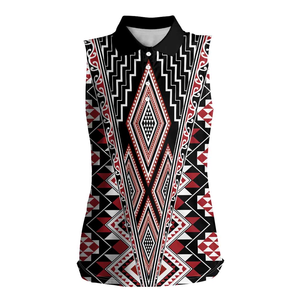 Red Aotearoa Tukutuku and Poutama Motif Women Sleeveless Polo Shirt LT03 Female Red - Polynesian Pride
