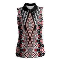 Red Aotearoa Tukutuku and Poutama Motif Women Sleeveless Polo Shirt LT03 Female Red - Polynesian Pride