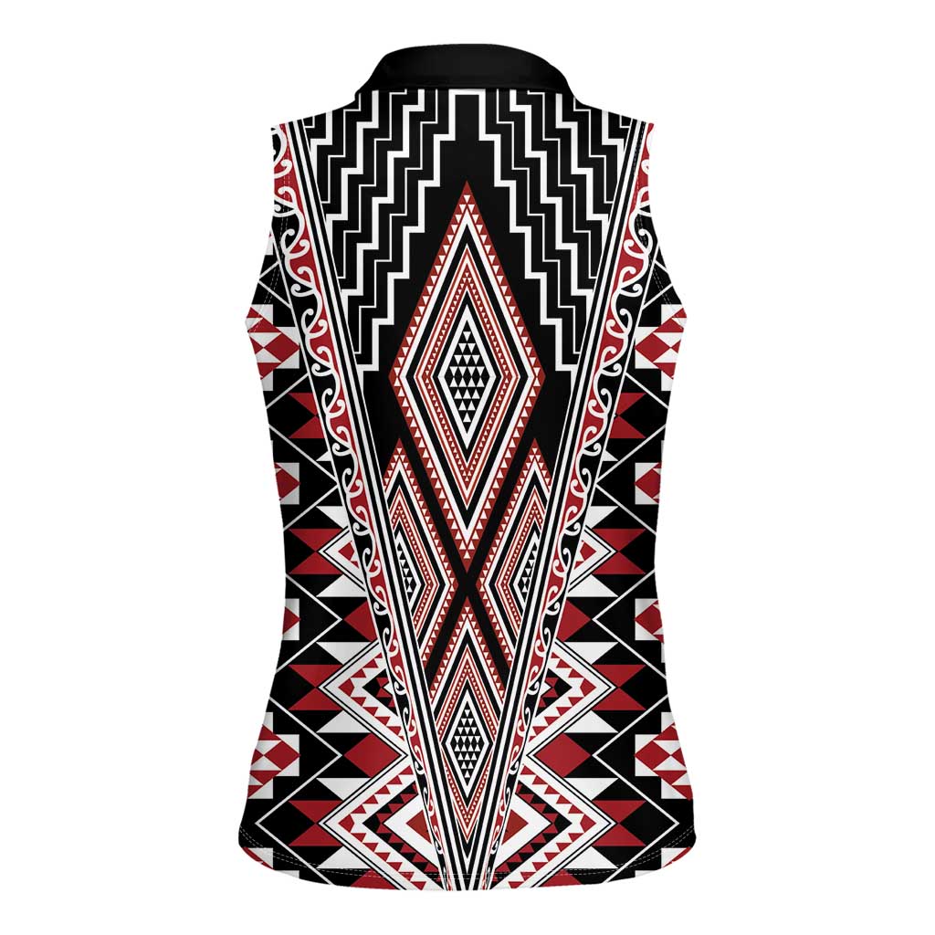 Red Aotearoa Tukutuku and Poutama Motif Women Sleeveless Polo Shirt LT03 - Polynesian Pride