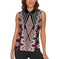 Red Aotearoa Tukutuku and Poutama Motif Women Sleeveless Polo Shirt LT03 - Polynesian Pride