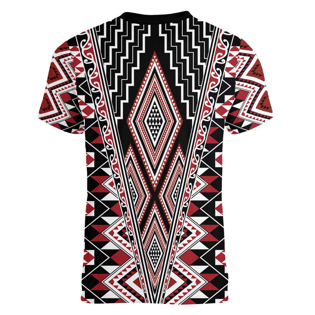 Red Aotearoa Tukutuku and Poutama Motif Women V-Neck T-Shirt LT03 - Polynesian Pride