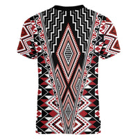 Red Aotearoa Tukutuku and Poutama Motif Women V-Neck T-Shirt LT03 - Polynesian Pride