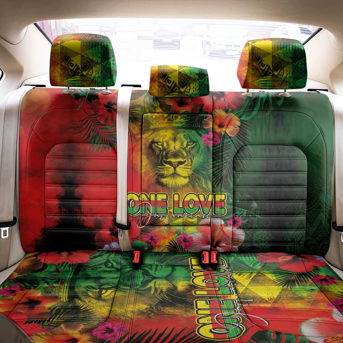 Hawaiian Reggae Back Car Seat Cover Tropical Plants and Tribal Kakau Tattoo-One Love Jawaiian LT03 - Polynesian Pride
