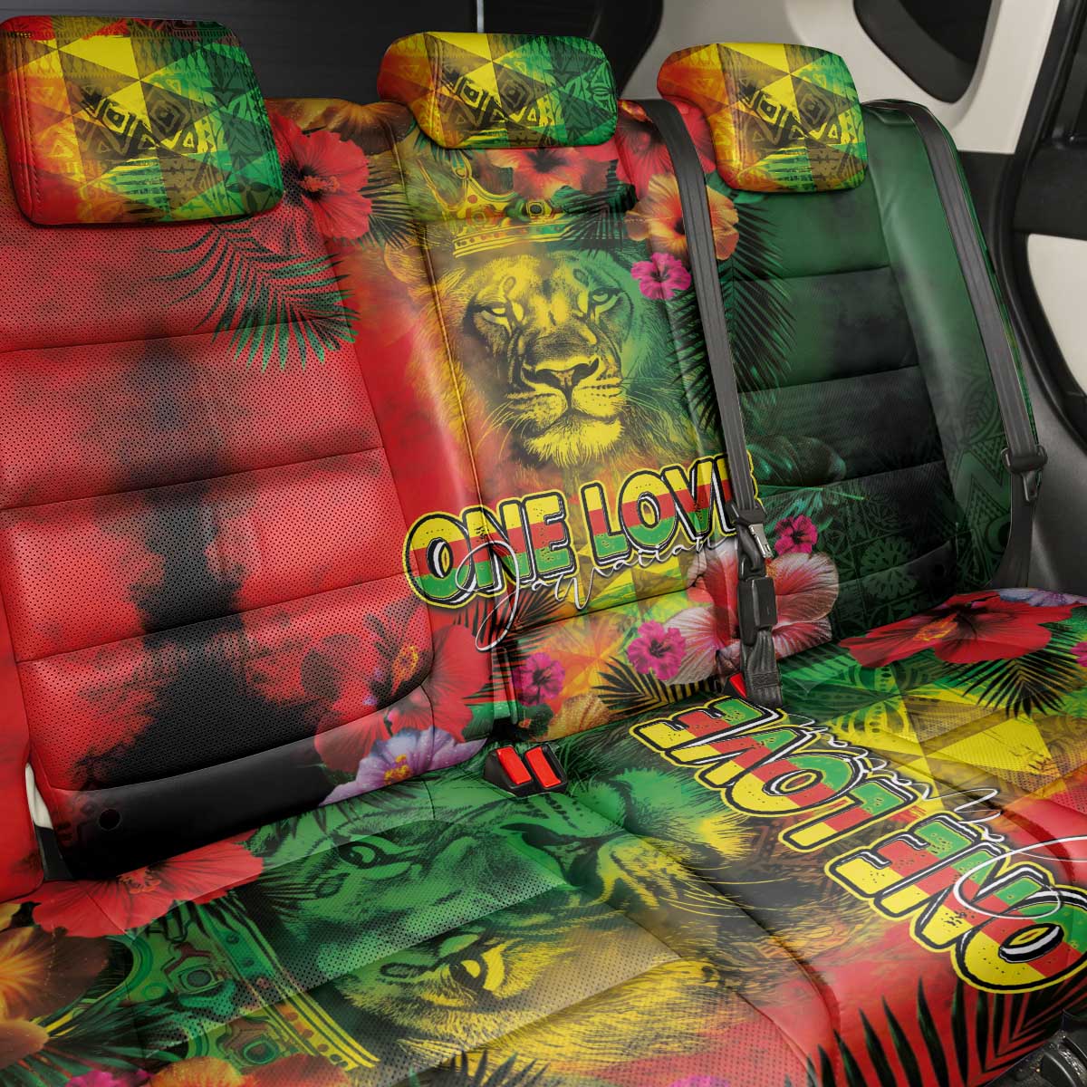 Hawaiian Reggae Back Car Seat Cover Tropical Plants and Tribal Kakau Tattoo-One Love Jawaiian LT03 - Polynesian Pride
