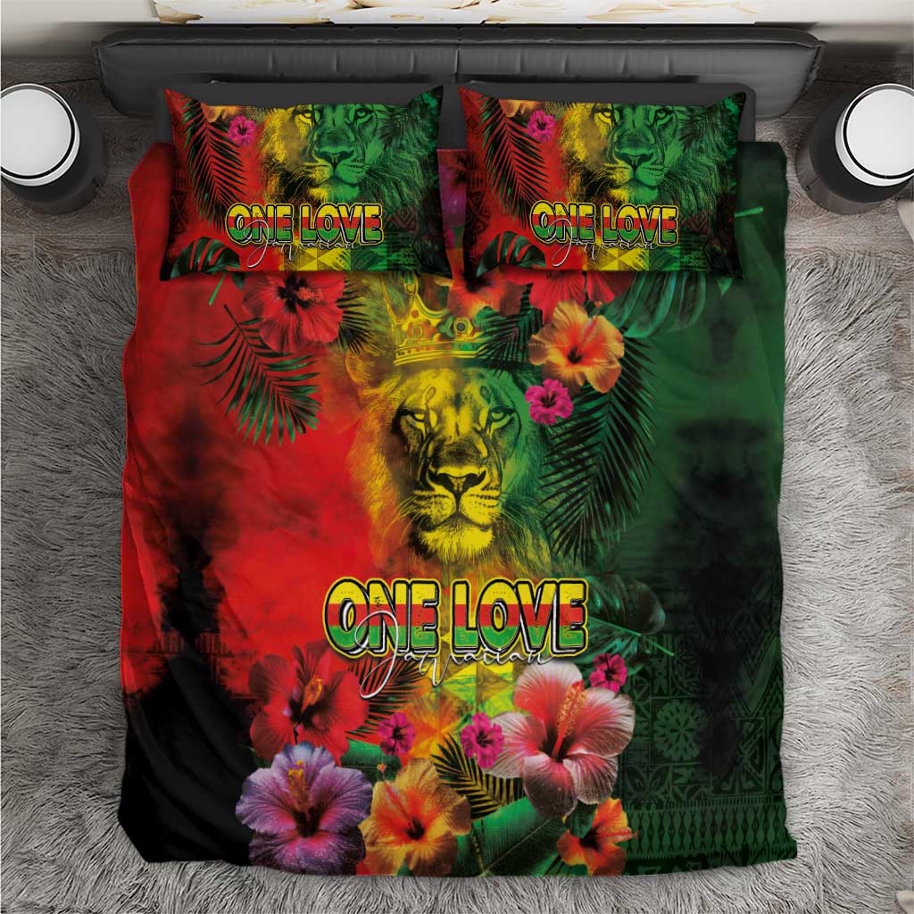 Hawaiian Reggae Bedding Set Tropical Plants and Tribal Kakau Tattoo-One Love Jawaiian LT03 Reggae - Polynesian Pride