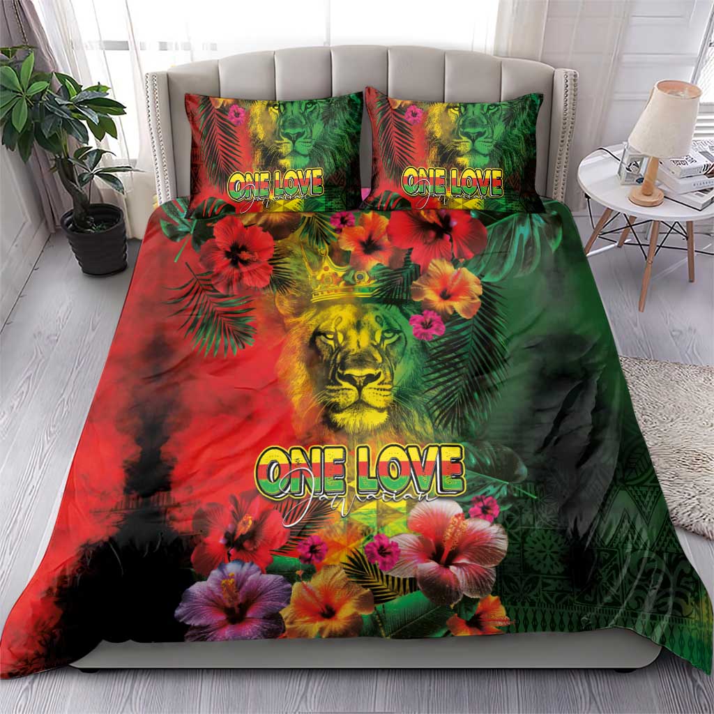 Hawaiian Reggae Bedding Set Tropical Plants and Tribal Kakau Tattoo-One Love Jawaiian LT03 - Polynesian Pride