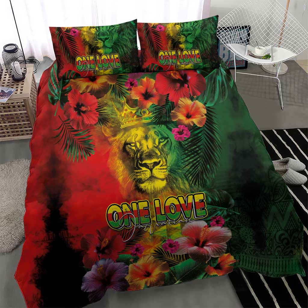 Hawaiian Reggae Bedding Set Tropical Plants and Tribal Kakau Tattoo-One Love Jawaiian LT03 - Polynesian Pride