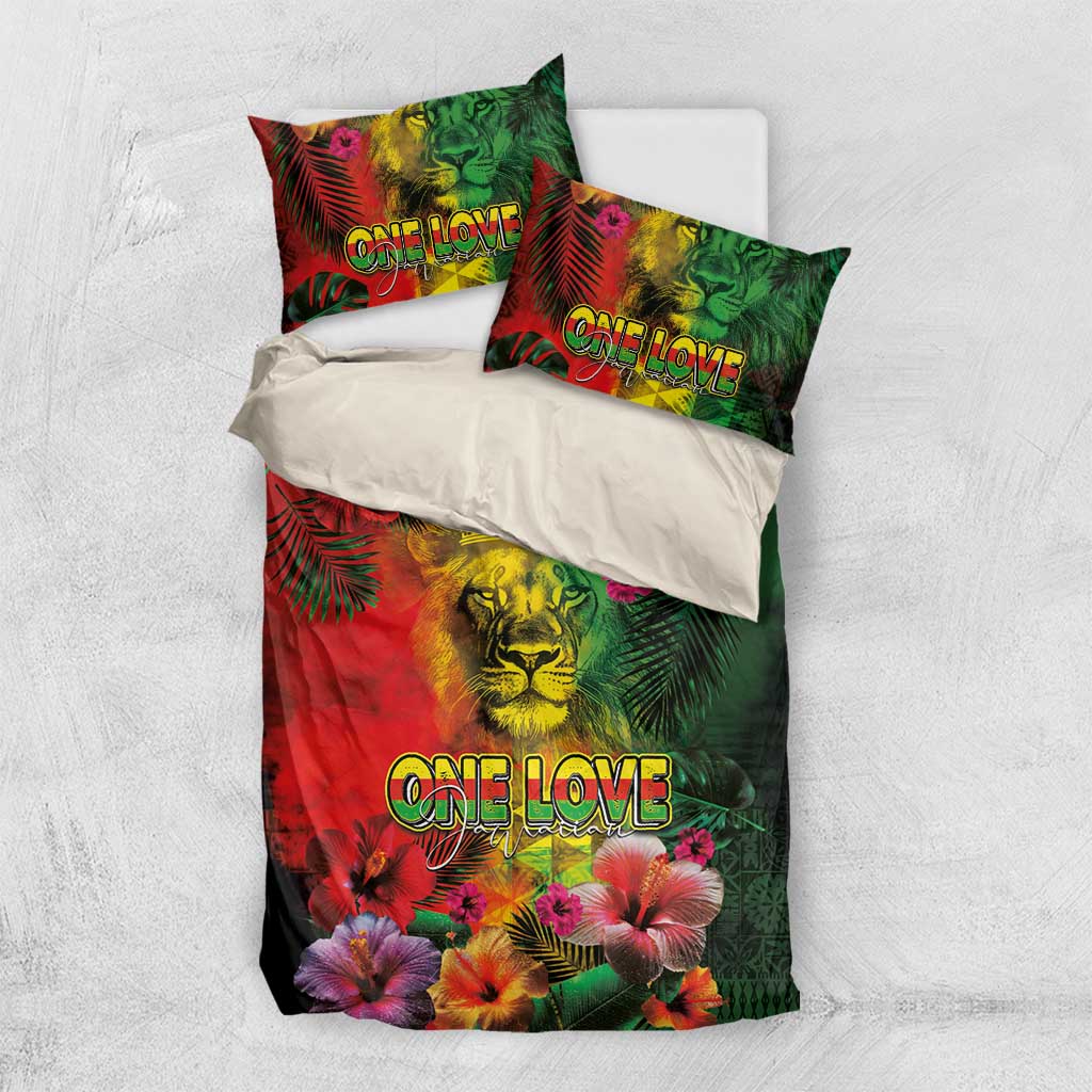 Hawaiian Reggae Bedding Set Tropical Plants and Tribal Kakau Tattoo-One Love Jawaiian LT03 US Twin 172cm x 218cm Reggae - Polynesian Pride