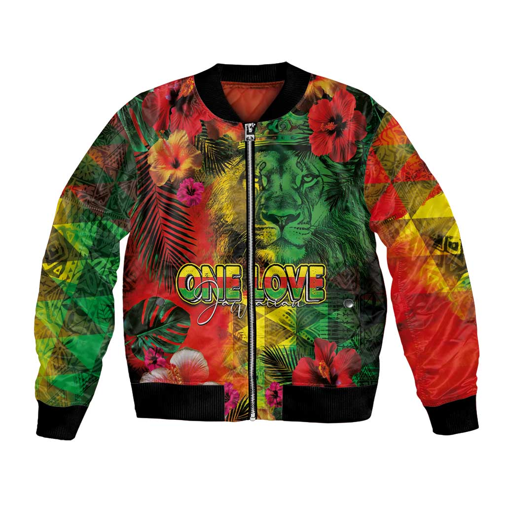 Hawaiian Reggae Bomber Jacket Tropical Plants and Tribal Kakau Tattoo-One Love Jawaiian LT03 Unisex Reggae - Polynesian Pride