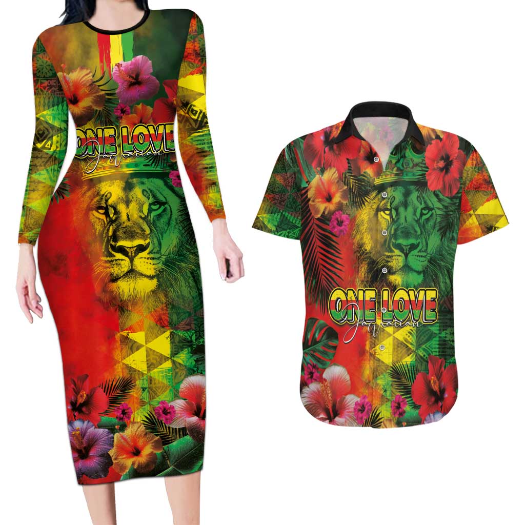 Hawaiian Reggae Couples Matching Long Sleeve Bodycon Dress and Hawaiian Shirt Tropical Plants and Tribal Kakau Tattoo-One Love Jawaiian