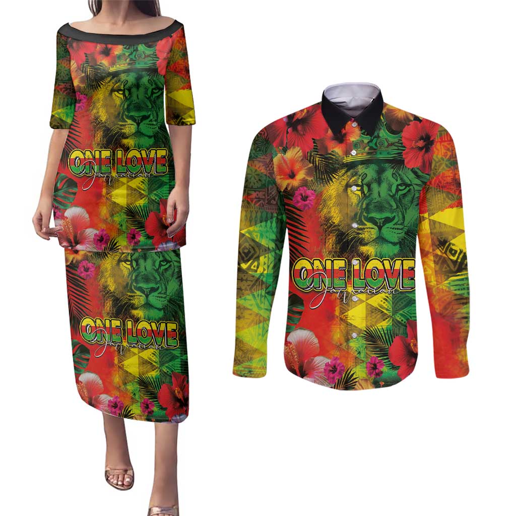Hawaiian Reggae Couples Matching Puletasi and Long Sleeve Button Shirt Tropical Plants and Tribal Kakau Tattoo-One Love Jawaiian LT03 Reggae - Polynesian Pride