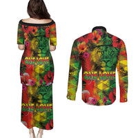 Hawaiian Reggae Couples Matching Puletasi and Long Sleeve Button Shirt Tropical Plants and Tribal Kakau Tattoo-One Love Jawaiian LT03 - Polynesian Pride