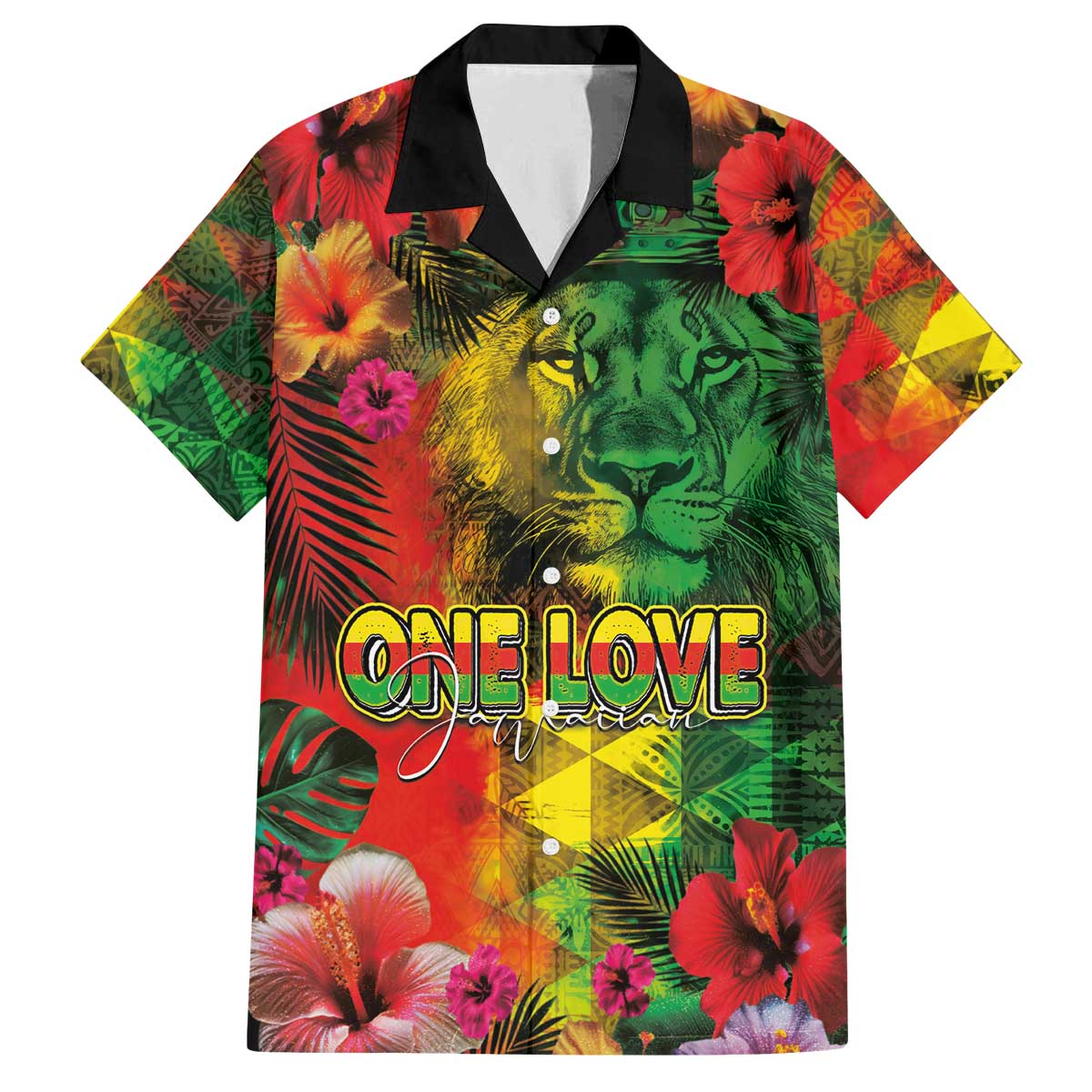 Hawaiian Reggae Family Matching Off The Shoulder Long Sleeve Dress and Hawaiian Shirt Tropical Plants and Tribal Kakau Tattoo-One Love Jawaiian