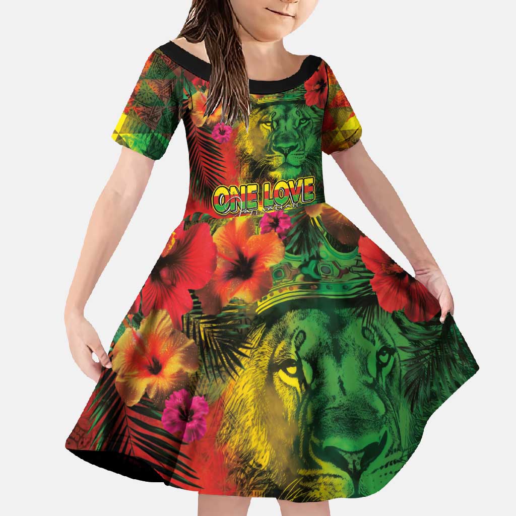 Hawaiian Reggae Family Matching Off Shoulder Maxi Dress and Hawaiian Shirt Tropical Plants and Tribal Kakau Tattoo-One Love Jawaiian LT03 Daughter's Dress Reggae - Polynesian Pride