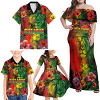 Hawaiian Reggae Family Matching Off Shoulder Maxi Dress and Hawaiian Shirt Tropical Plants and Tribal Kakau Tattoo-One Love Jawaiian LT03 - Polynesian Pride