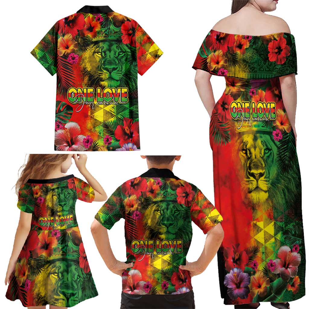 Hawaiian Reggae Family Matching Off Shoulder Maxi Dress and Hawaiian Shirt Tropical Plants and Tribal Kakau Tattoo-One Love Jawaiian LT03 - Polynesian Pride