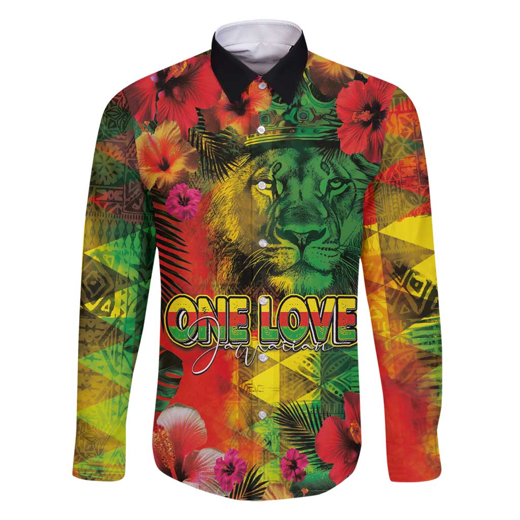 Hawaiian Reggae Family Matching Off Shoulder Maxi Dress and Hawaiian Shirt Tropical Plants and Tribal Kakau Tattoo-One Love Jawaiian LT03 Dad's Shirt - Long Sleeve Reggae - Polynesian Pride