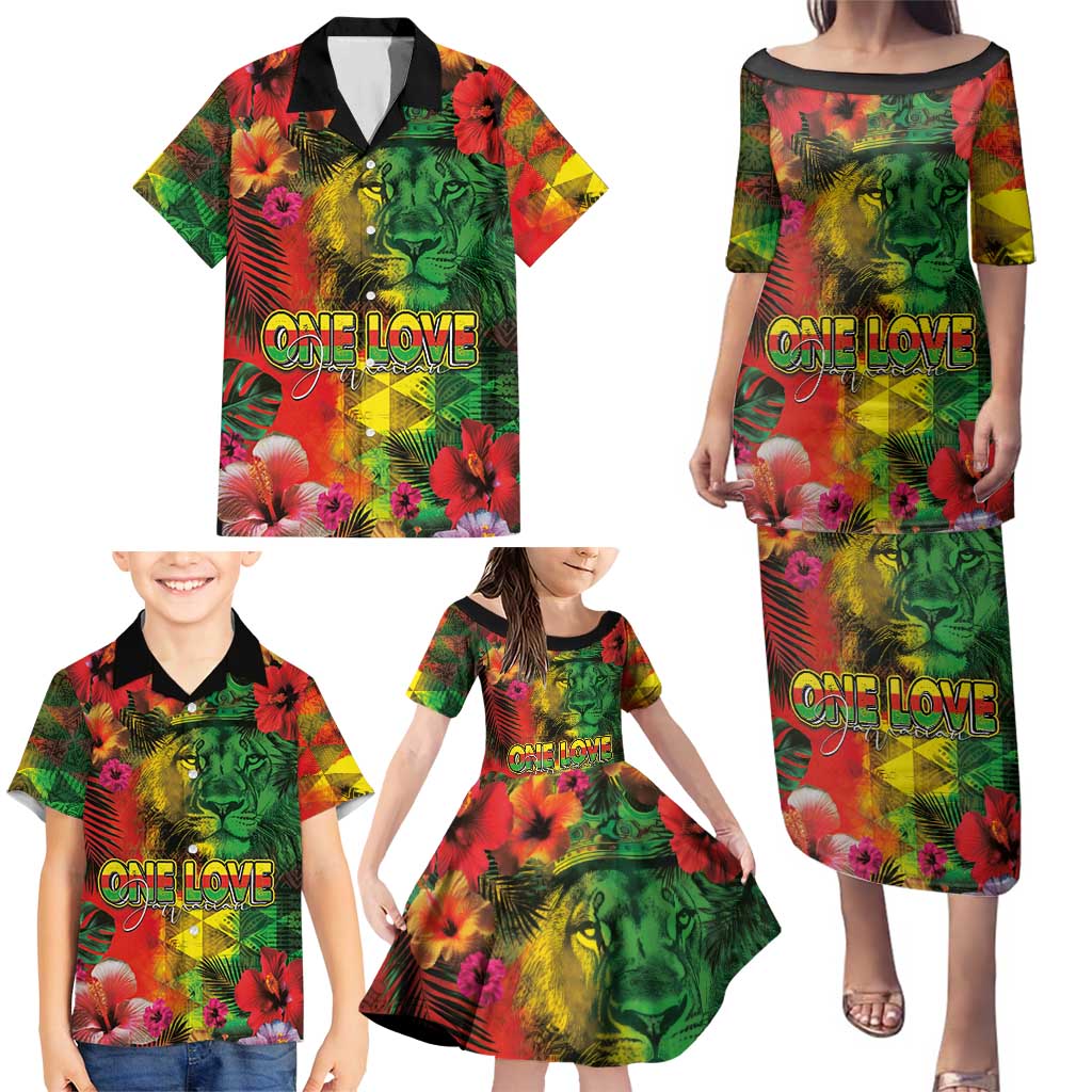 Hawaiian Reggae Family Matching Puletasi and Hawaiian Shirt Tropical Plants and Tribal Kakau Tattoo-One Love Jawaiian