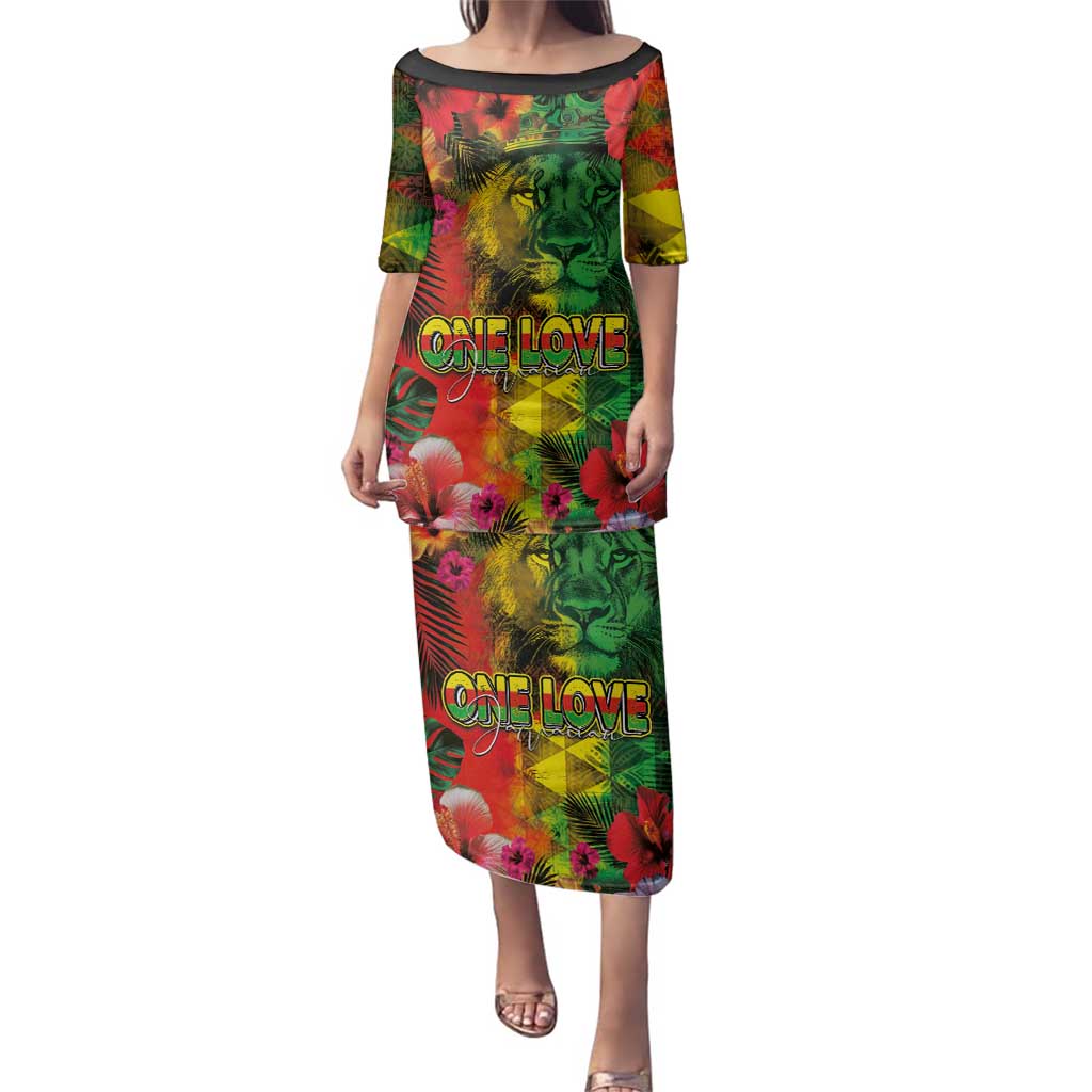 Hawaiian Reggae Family Matching Puletasi and Hawaiian Shirt Tropical Plants and Tribal Kakau Tattoo-One Love Jawaiian LT03 Mom's Dress Reggae - Polynesian Pride