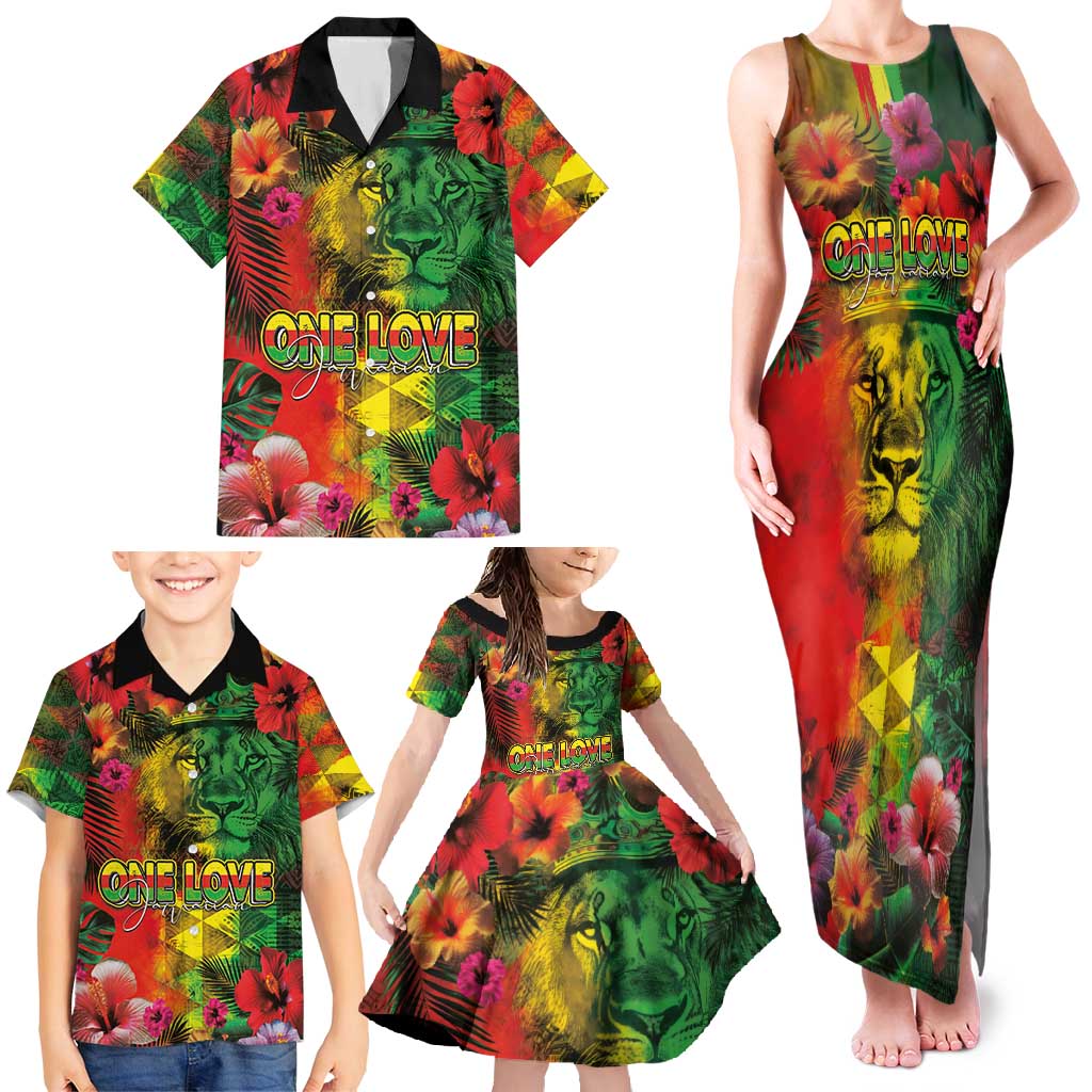 Hawaiian Reggae Family Matching Tank Maxi Dress and Hawaiian Shirt Tropical Plants and Tribal Kakau Tattoo-One Love Jawaiian