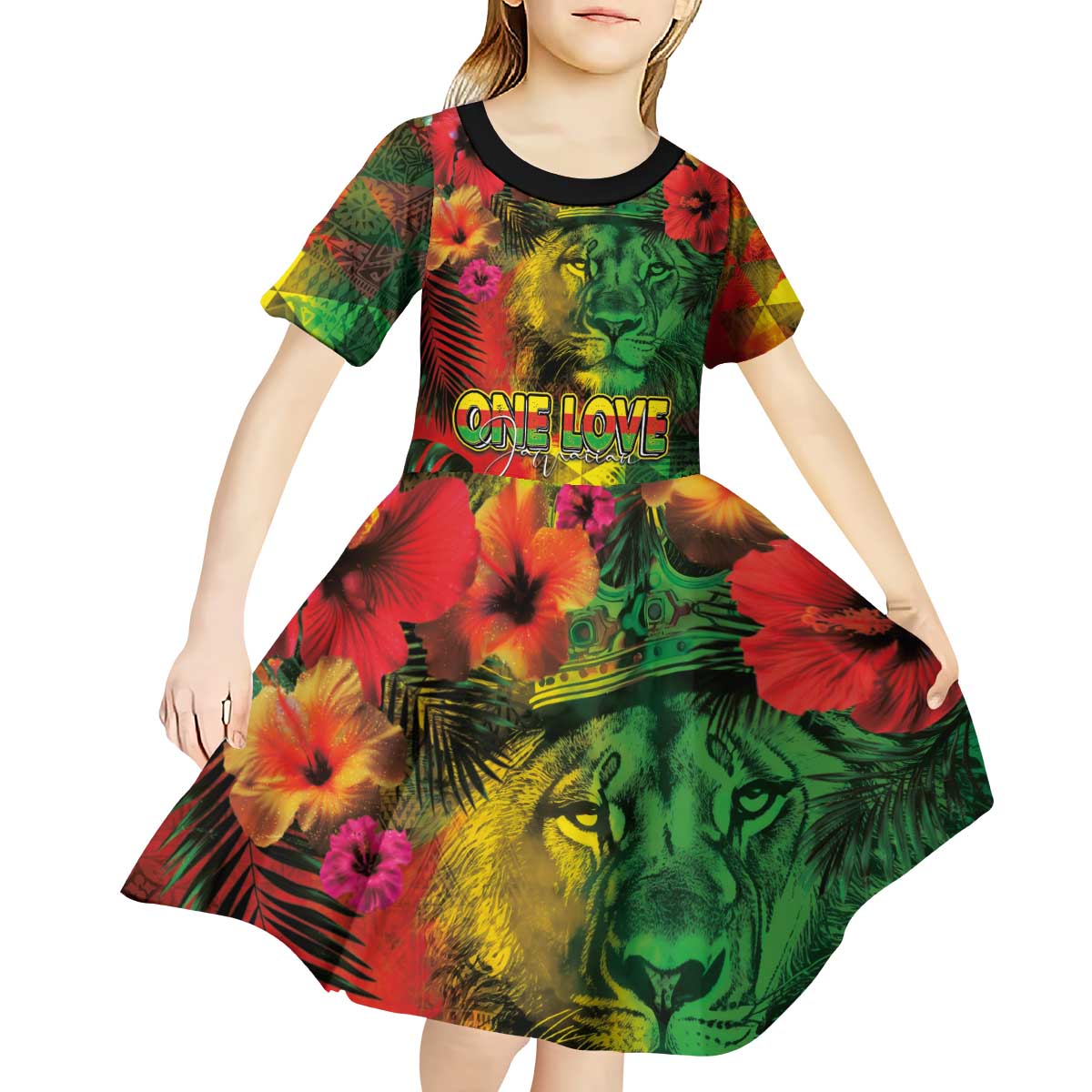 Hawaiian Reggae Kid Short Sleeve Dress Tropical Plants and Tribal Kakau Tattoo-One Love Jawaiian LT03 - Polynesian Pride