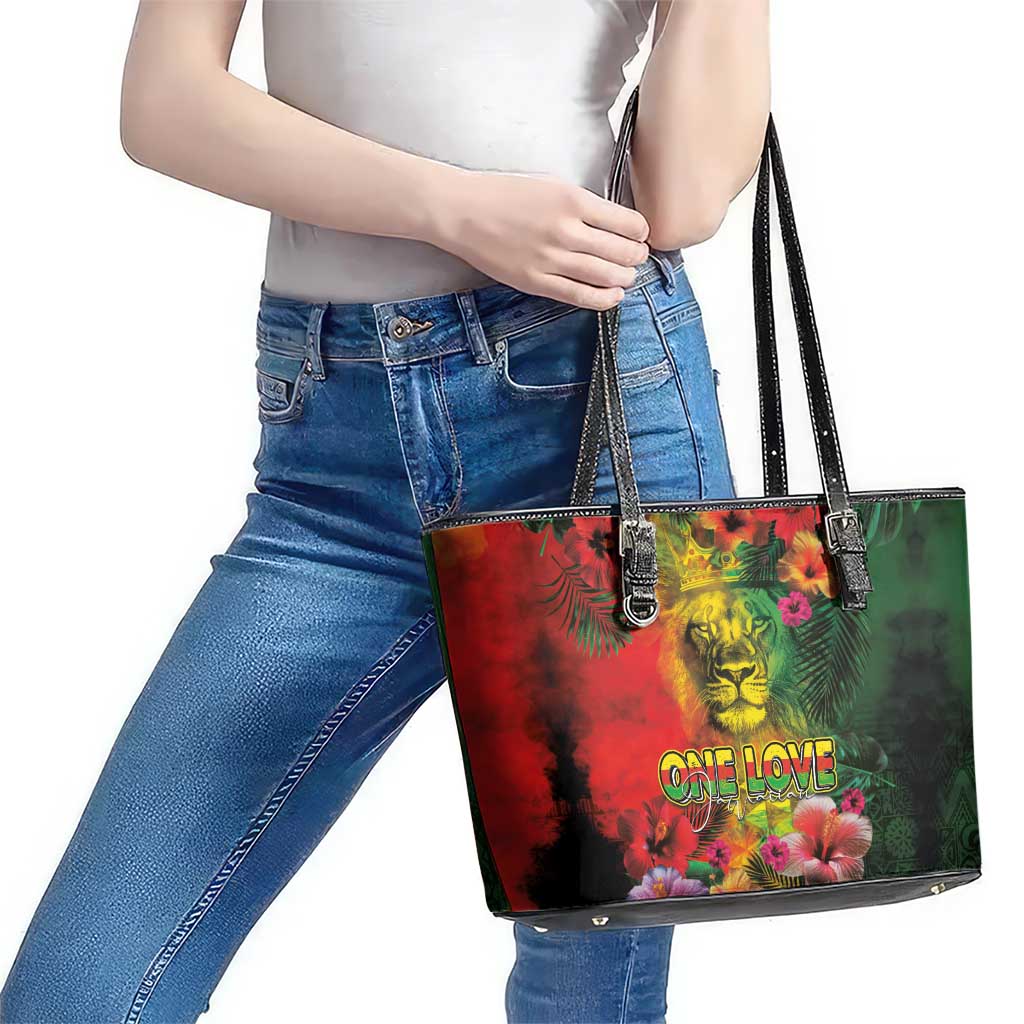 Hawaiian Reggae Leather Tote Bag Tropical Plants and Tribal Kakau Tattoo-One Love Jawaiian LT03 - Polynesian Pride
