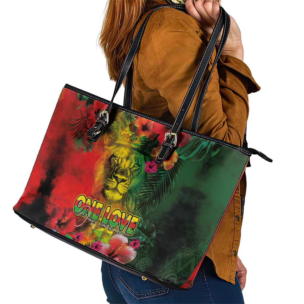 Hawaiian Reggae Leather Tote Bag Tropical Plants and Tribal Kakau Tattoo-One Love Jawaiian LT03 - Polynesian Pride