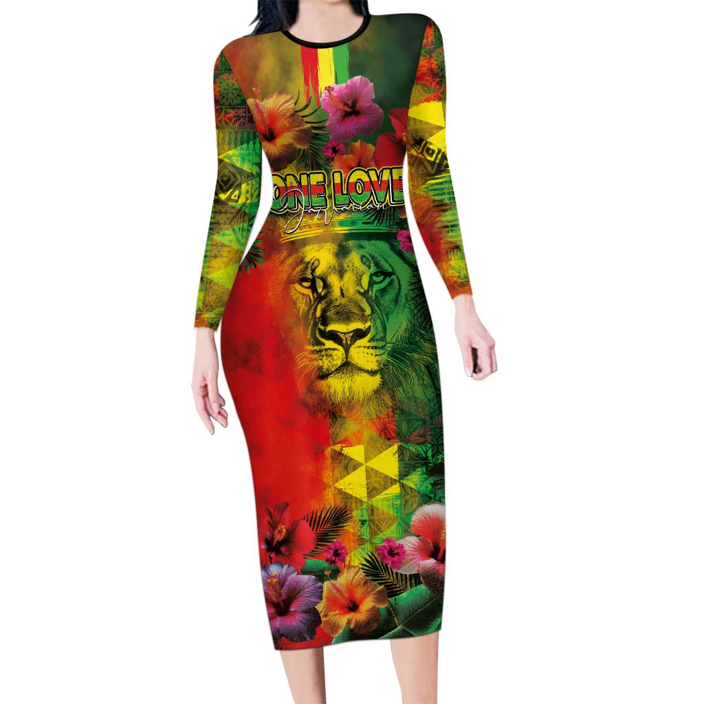 Hawaiian Reggae Long Sleeve Bodycon Dress Tropical Plants and Tribal Kakau Tattoo-One Love Jawaiian LT03 Long Dress Reggae - Polynesian Pride