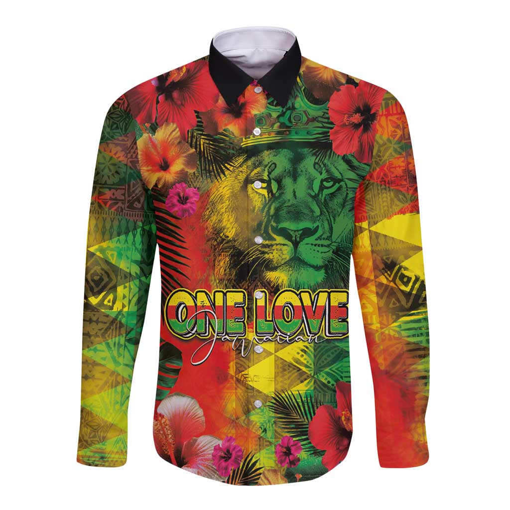 Hawaiian Reggae Long Sleeve Button Shirt Tropical Plants and Tribal Kakau Tattoo-One Love Jawaiian LT03 Unisex Reggae - Polynesian Pride