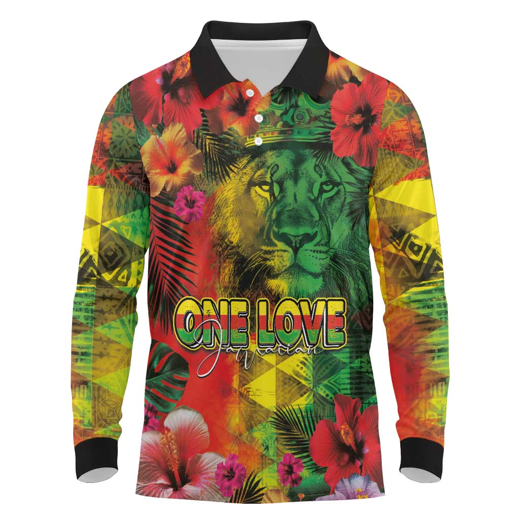 Hawaiian Reggae Long Sleeve Polo Shirt Tropical Plants and Tribal Kakau Tattoo-One Love Jawaiian LT03 Reggae - Polynesian Pride