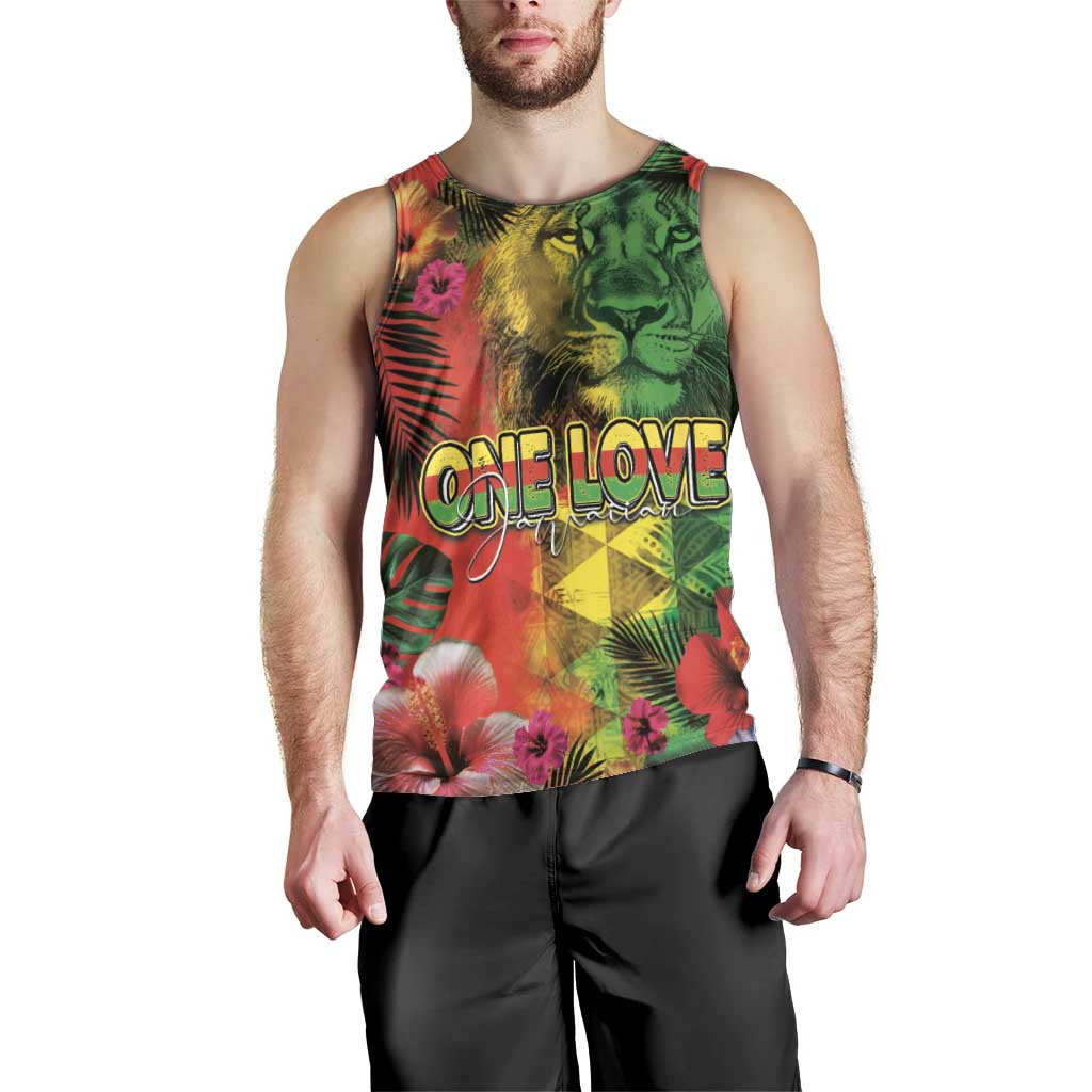 Hawaiian Reggae Men Tank Top Tropical Plants and Tribal Kakau Tattoo-One Love Jawaiian LT03 - Polynesian Pride