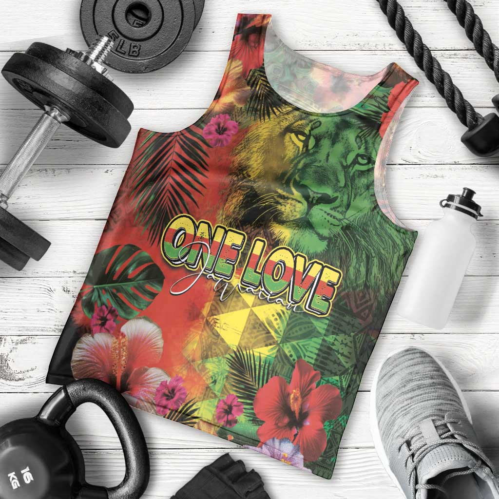 Hawaiian Reggae Men Tank Top Tropical Plants and Tribal Kakau Tattoo-One Love Jawaiian LT03 - Polynesian Pride