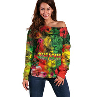 Hawaiian Reggae Off Shoulder Sweater Tropical Plants and Tribal Kakau Tattoo-One Love Jawaiian LT03 Women Reggae - Polynesian Pride
