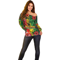 Hawaiian Reggae Off Shoulder Sweater Tropical Plants and Tribal Kakau Tattoo-One Love Jawaiian LT03 - Polynesian Pride