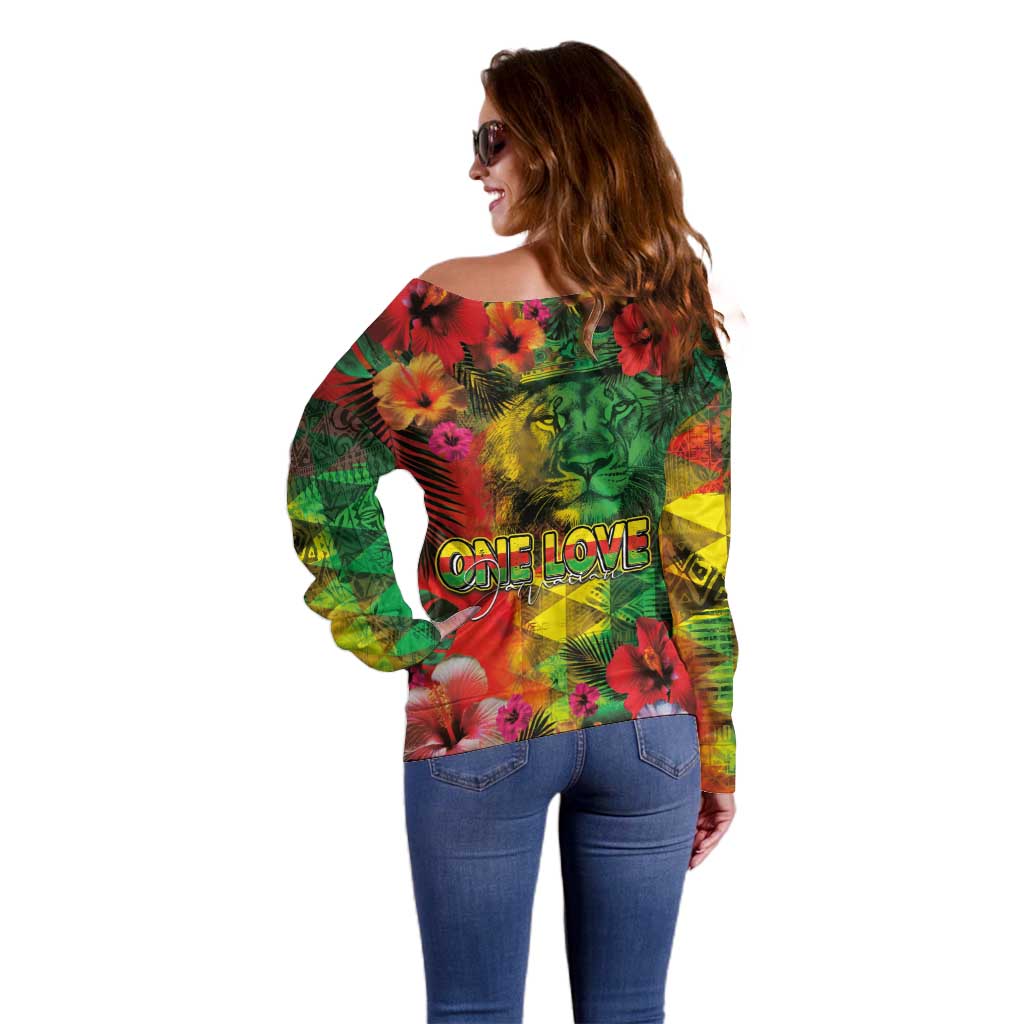 Hawaiian Reggae Off Shoulder Sweater Tropical Plants and Tribal Kakau Tattoo-One Love Jawaiian LT03 - Polynesian Pride