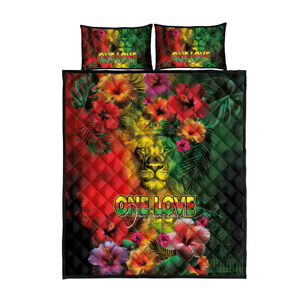 Hawaiian Reggae Quilt Bed Set Tropical Plants and Tribal Kakau Tattoo-One Love Jawaiian LT03 - Polynesian Pride