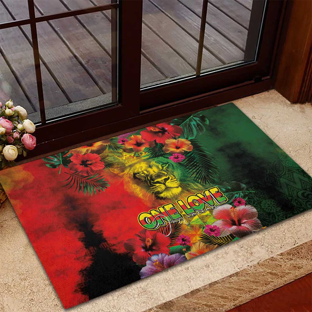 Hawaiian Reggae Rubber Doormat Tropical Plants and Tribal Kakau Tattoo-One Love Jawaiian LT03 - Polynesian Pride