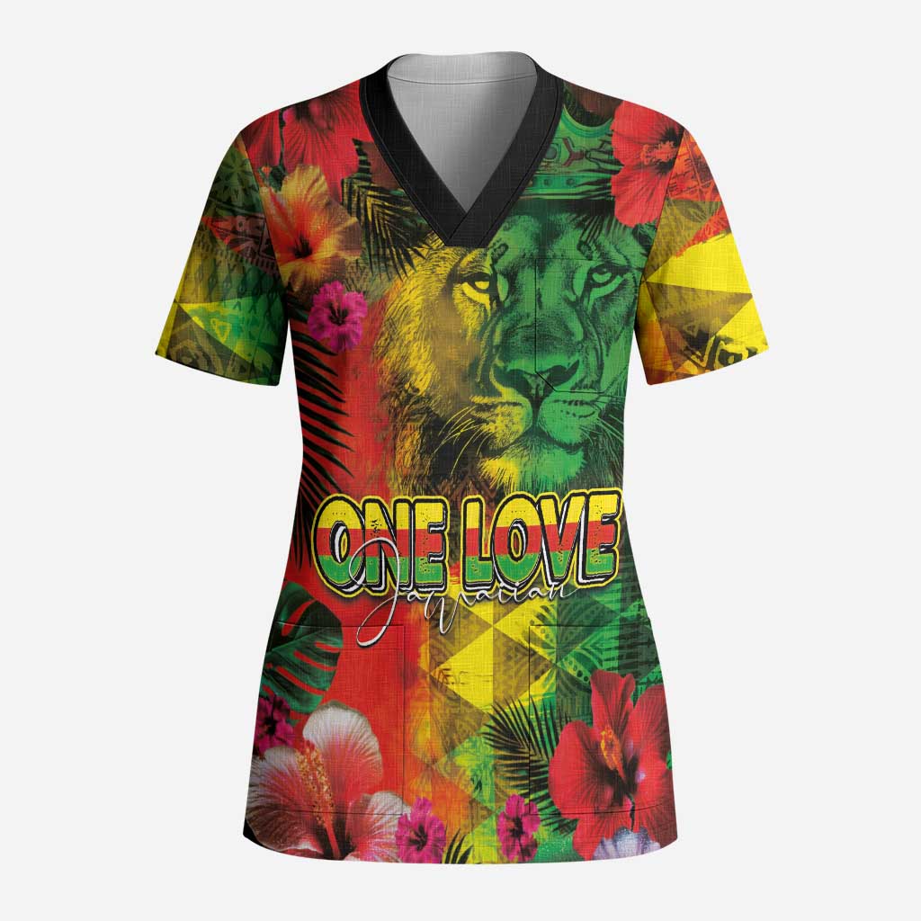 Hawaiian Reggae Scrub Top Tropical Plants and Tribal Kakau Tattoo-One Love Jawaiian LT03 Adult Reggae - Polynesian Pride