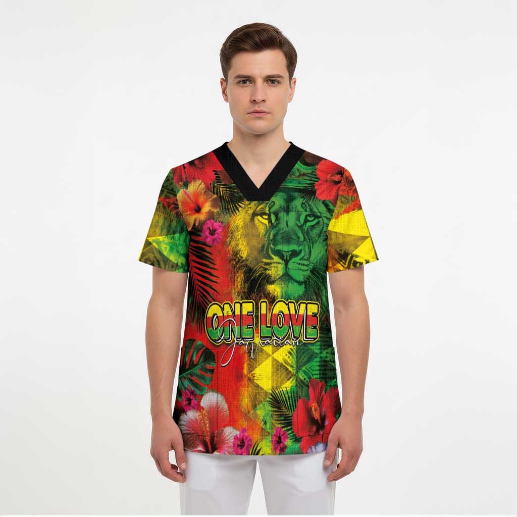 Hawaiian Reggae Scrub Top Tropical Plants and Tribal Kakau Tattoo-One Love Jawaiian LT03 - Polynesian Pride