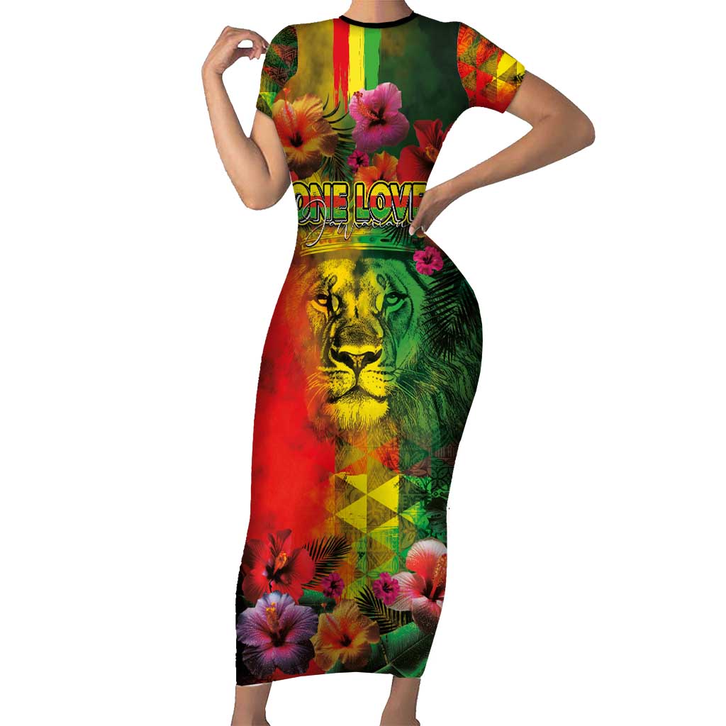 Hawaiian Reggae Short Sleeve Bodycon Dress Tropical Plants and Tribal Kakau Tattoo-One Love Jawaiian LT03 Long Dress Reggae - Polynesian Pride