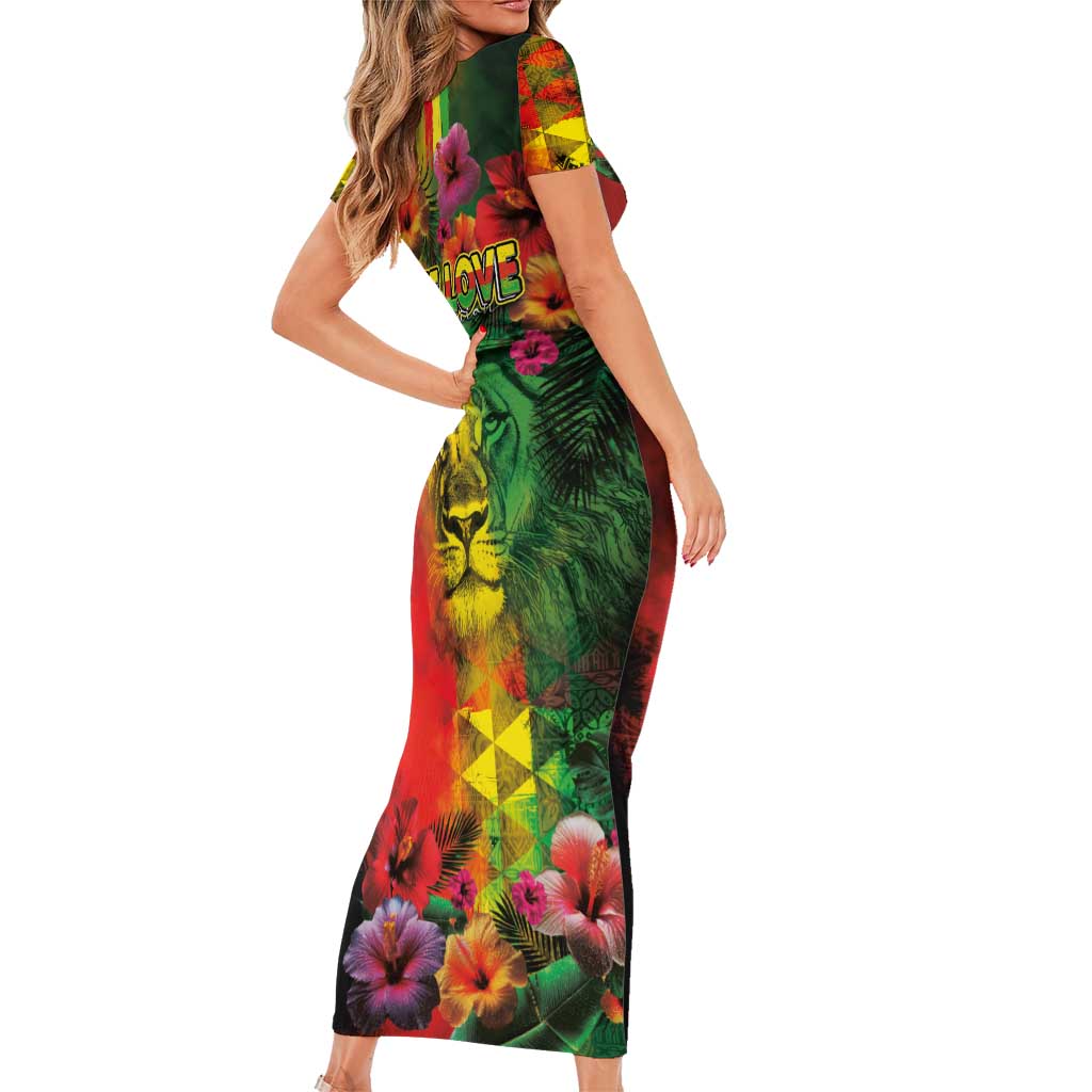Hawaiian Reggae Short Sleeve Bodycon Dress Tropical Plants and Tribal Kakau Tattoo-One Love Jawaiian LT03 - Polynesian Pride