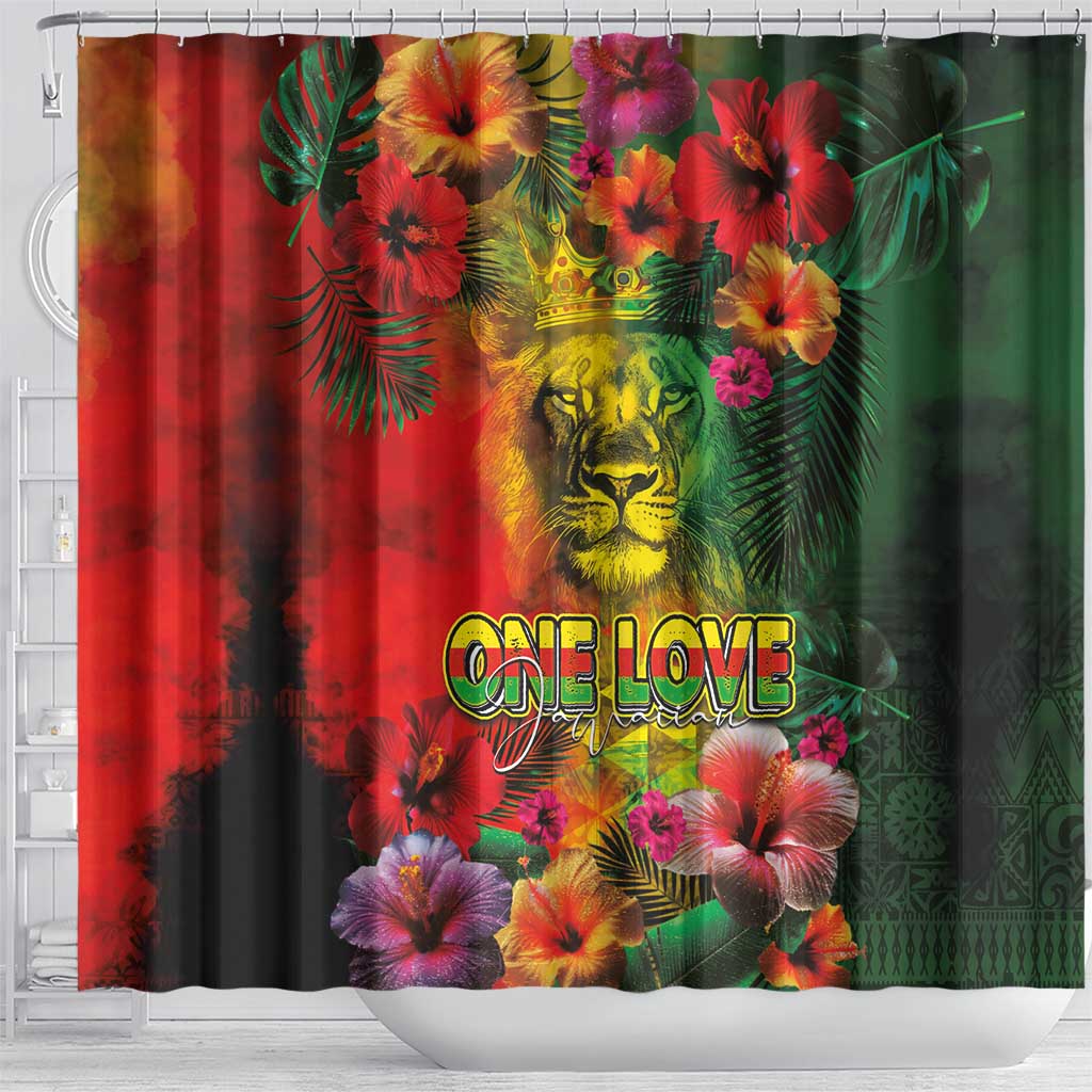 Hawaiian Reggae Shower Curtain Tropical Plants and Tribal Kakau Tattoo-One Love Jawaiian LT03 - Polynesian Pride