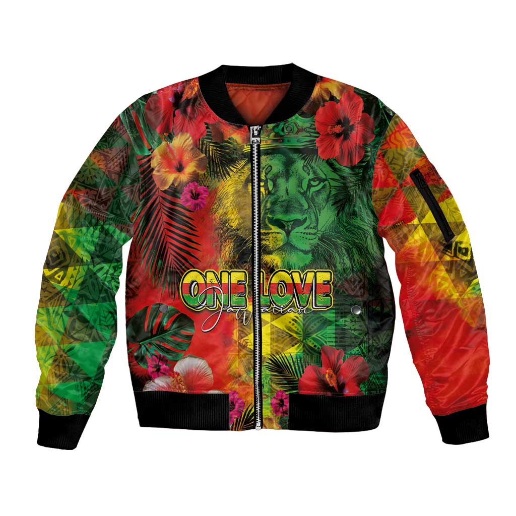 Hawaiian Reggae Sleeve Zip Bomber Jacket Tropical Plants and Tribal Kakau Tattoo-One Love Jawaiian LT03 Unisex Reggae - Polynesian Pride