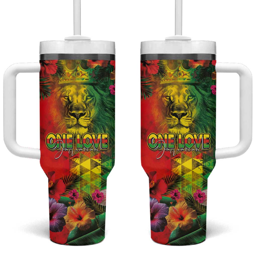 Hawaiian Reggae Tumbler With Handle Tropical Plants and Tribal Kakau Tattoo-One Love Jawaiian LT03 One Size: 40 oz Reggae - Polynesian Pride