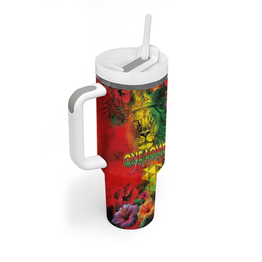 Hawaiian Reggae Tumbler With Handle Tropical Plants and Tribal Kakau Tattoo-One Love Jawaiian LT03 - Polynesian Pride