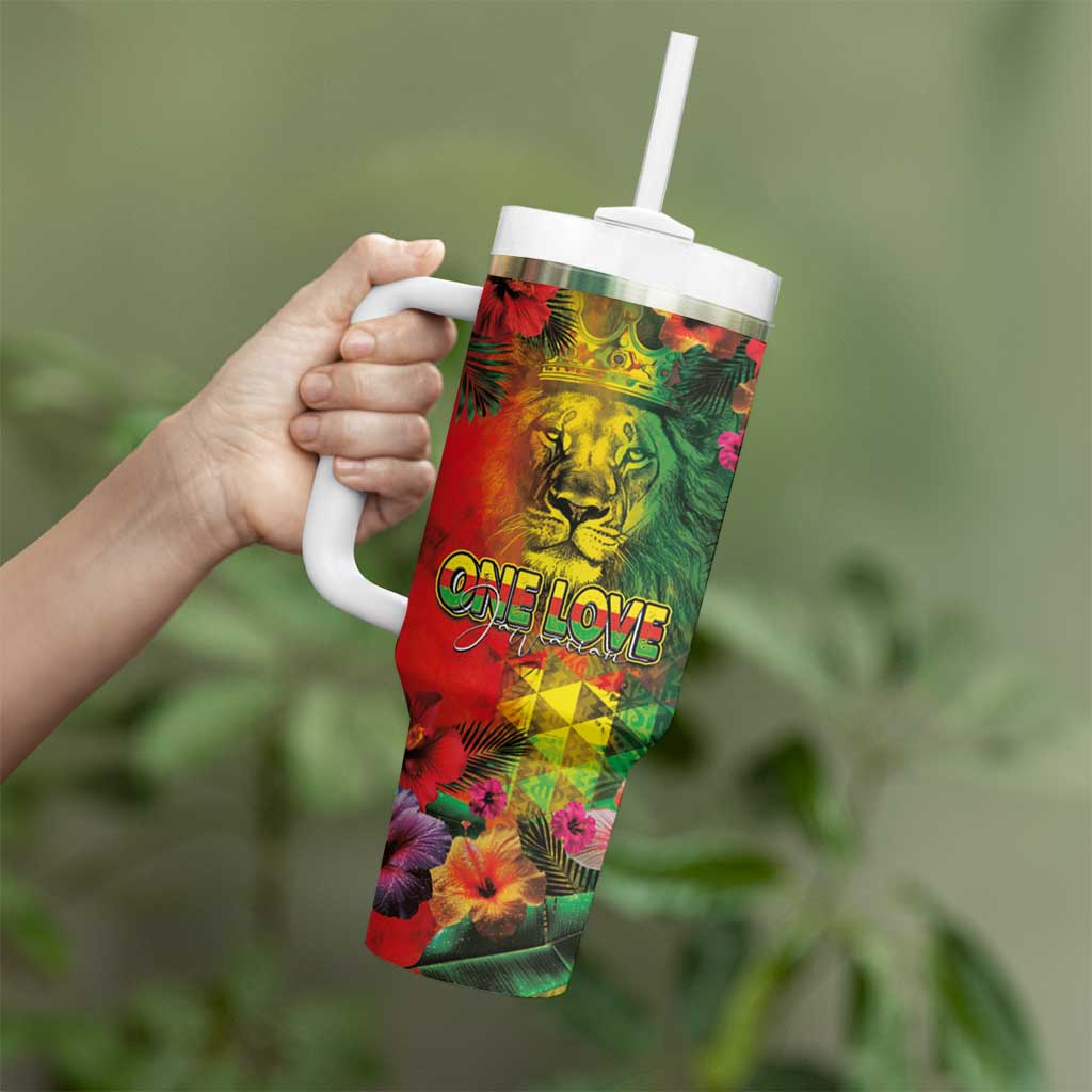 Hawaiian Reggae Tumbler With Handle Tropical Plants and Tribal Kakau Tattoo-One Love Jawaiian LT03 - Polynesian Pride