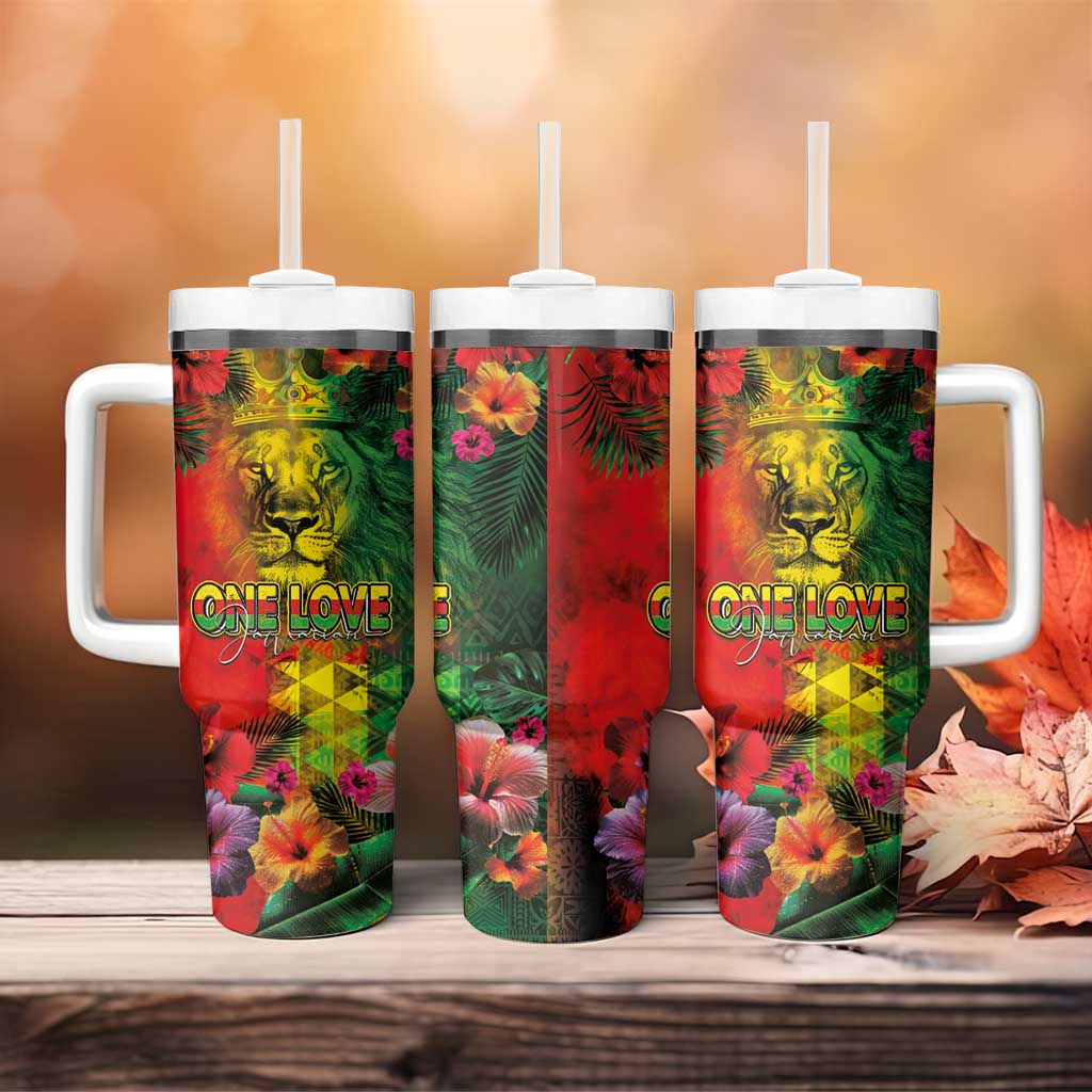 Hawaiian Reggae Tumbler With Handle Tropical Plants and Tribal Kakau Tattoo-One Love Jawaiian LT03 - Polynesian Pride